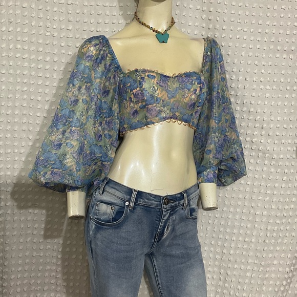 Floral Lantern Sleeve Top X Small Bandeau Crop Bustier Puffy Balloon Sleeve - Picture 7 of 11